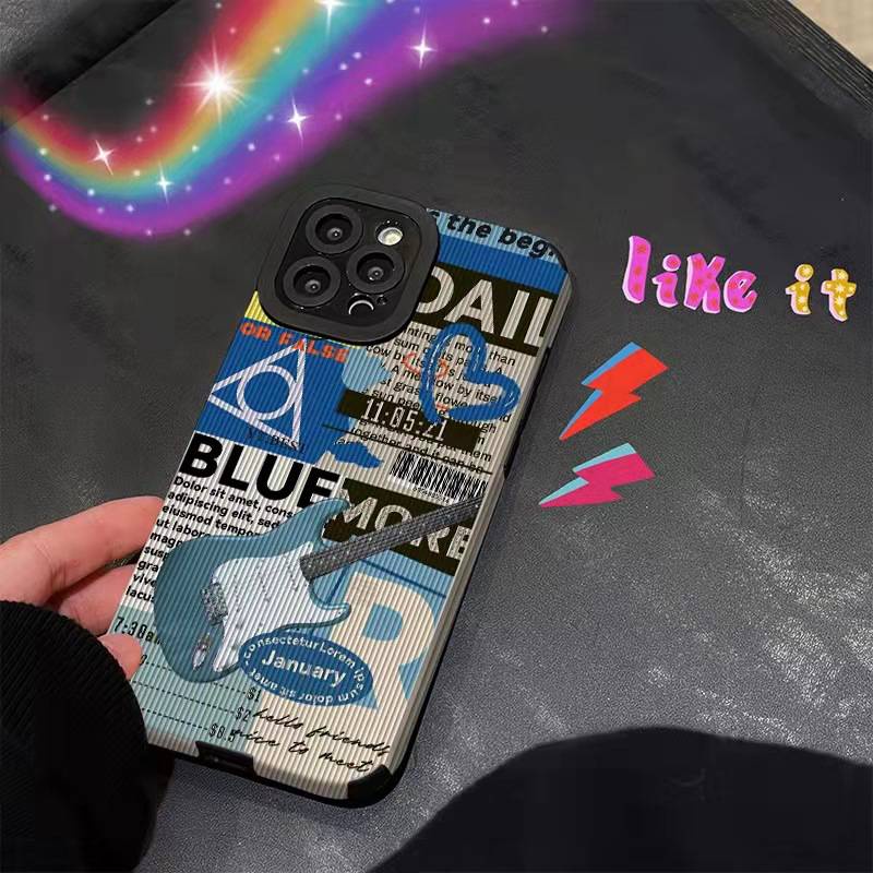 Lamb Skin Fashion Blue Blue Guitar Soft Case IPhone 6S 7 Plus 8 Plus X XS XR XS Max 11 13 12 14 PRO Max 14 Plus 12 13 mINI SE Phone Case Black for Women GIRL