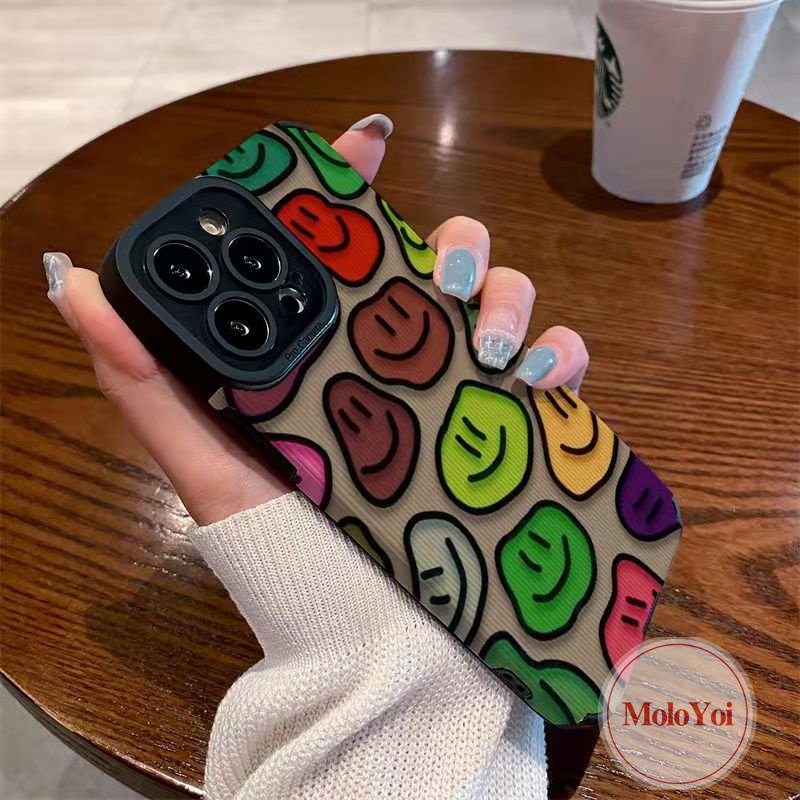 Casing Lembut Shockproof Kompatibel Untuk IPhone XR XS X Max 11 Pro Max 7Plus 11 12 14 13 Pro Max8 7 Plus Tekstur Kulit Mewah Kartun Graffiti Warna-Warni Smiley Phone Cover