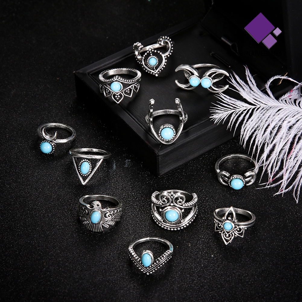 &lt; Naiveblues &gt; 11Pcs/Set Vintage Wanita Perhiasan Hadiah Bohemia Palsu Turquoise Knuckle Rings