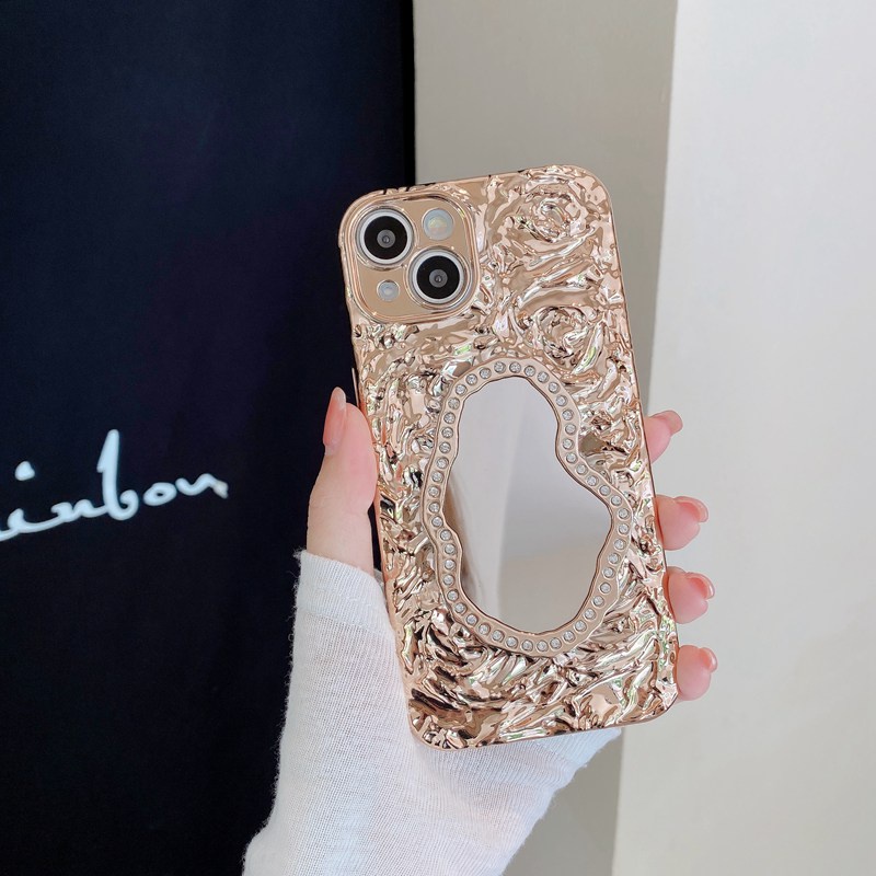 【Rose Flower Mirror】Fashion Pretty Yellow Make up Bling Silicone Case for iPhone 11 12 13 14 Pro Max Phone Case for Women Girl Gift Ins