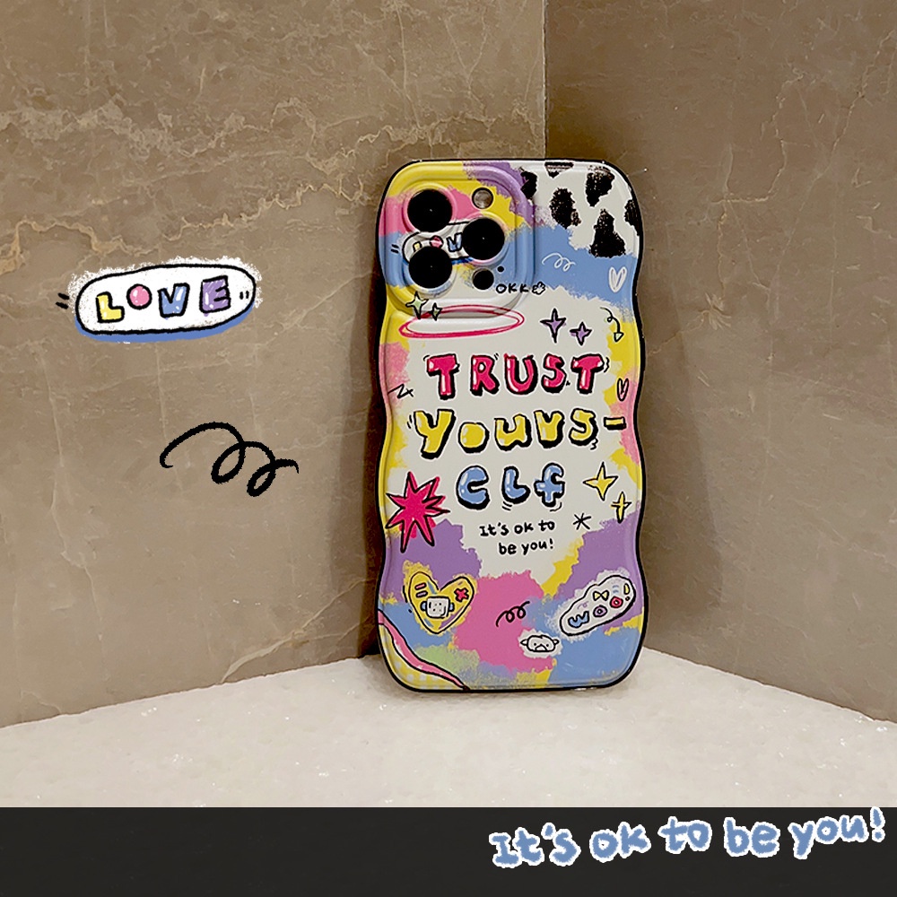 IPHONE Ins Anak Warna Graffiti Bergelombang Tepi Silikon Case Untuk Iphone14 11 12 13 PRO MAX Casing Cover Pelindung AT0275