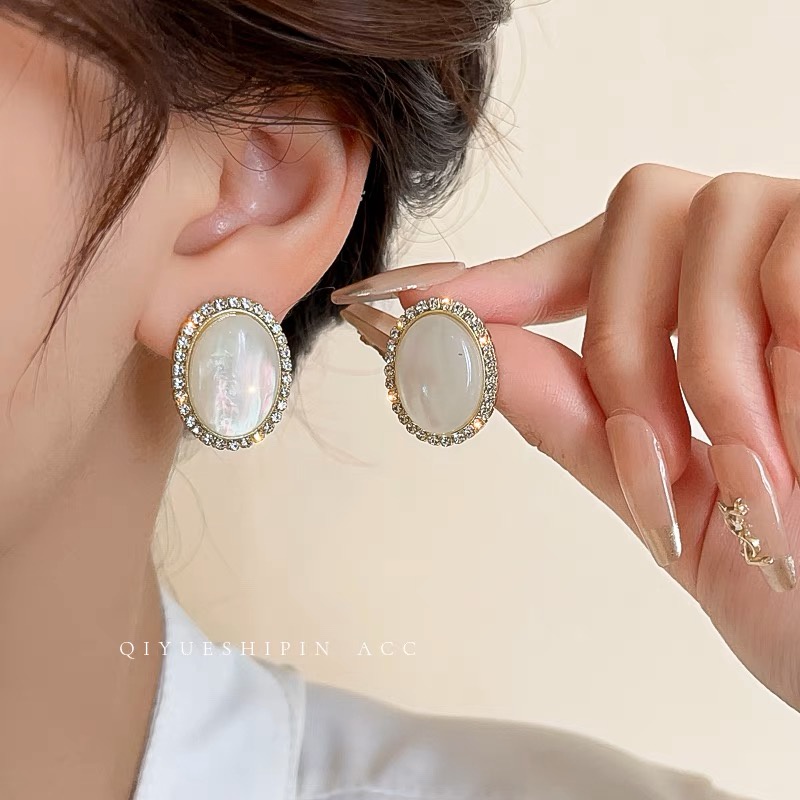 925jarum Perak Gaya Istana Retro Opal Anting Fashion Elegan Sastra Oval Anting Earrings Wanita