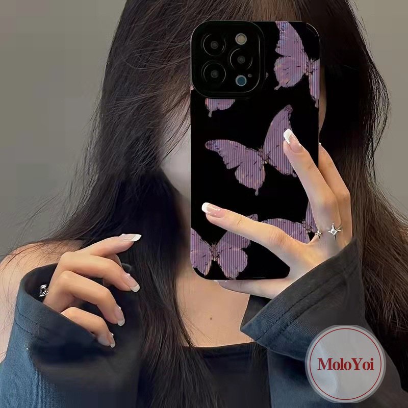 Casing Ponsel Tekstur Kulit Mewah Kompatibel Untuk IPhone XR XS X Max8 7 Plus 11 14 13 12 Pro Max 11 Pro Max 7Plus Retro Fantasi Ungu Kupu-Kupu Silikon Lembut Tpu Shockproof Cover