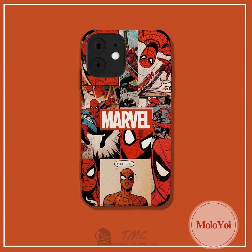 IPHONE Casing Ponsel Kartun Lucu Kompatibel Untuk Iphone11 12 13 14 Pro MAX 7Plus 11 Pro Max7 8 Plus XR X XS MAX Merek Trendi M.A.R.V.E.L Spider-Man Tekstur Kulit Mewah Soft Cover