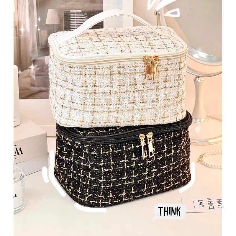 JOLINEOFFICIAL TWEED TRAVEL COSMETIC BAG / TAS KOSMETIK MULTIGUNGSI BAHAN MERAJUT /  SKINCARE ORGANIZER TWEED / TEMPAT ALAT PENYIMPANAN MAKEUP BARU / TRAVEL MAKE UP BAG KAPASITAS BESAR / MAKEUP POUCH PORTABLE TRAVEL / KOREAN TWEED COSMETIC BAG