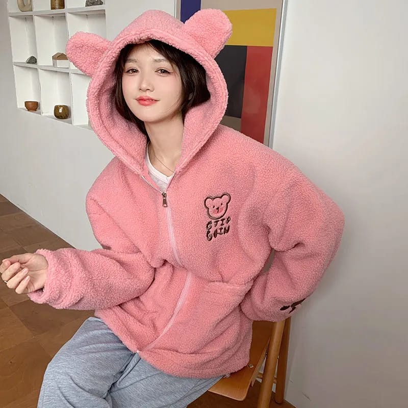 Jaket Sherpa Wanita Bear Cute Girls / Jaket Sherpa Hoodie Bulu Wanita Gaya Korea / Hoodie Crop Sherp