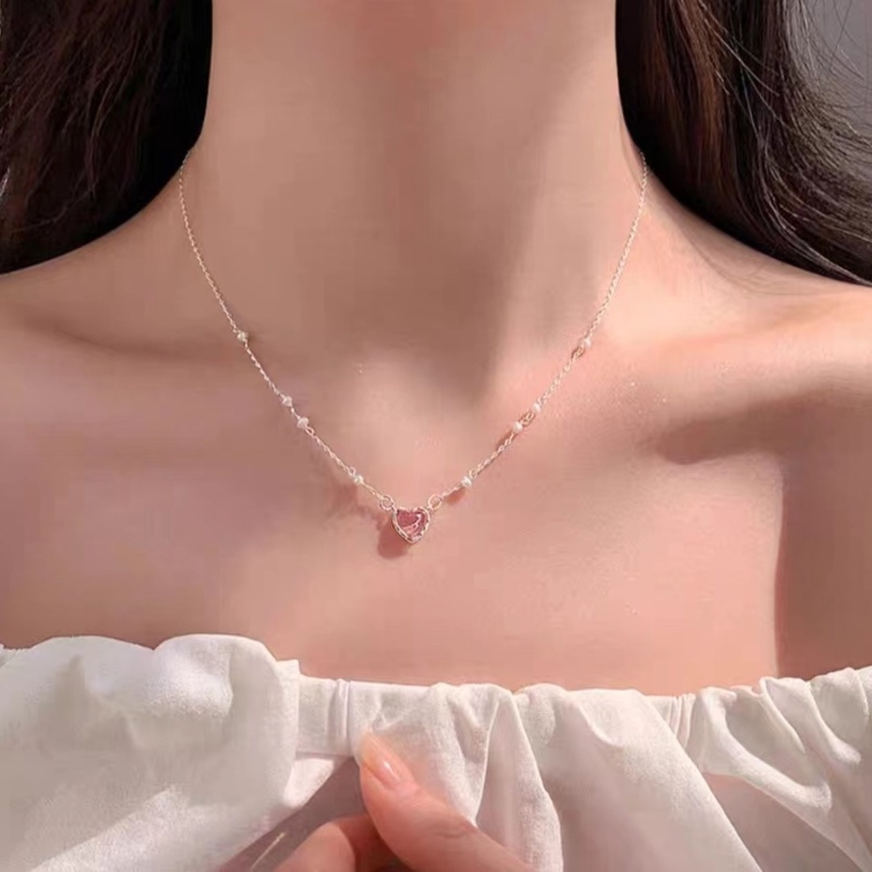 Kami Bunga Korea 14 K Emas Mutiara Manik-Manik Rantai Glossy Pink Opal Jantung Liontin Kalung Untuk Wanita Perempuan Halus Mengkilap Berlian Imitasi Tulang Selangka Rantai Kalung Perhiasan