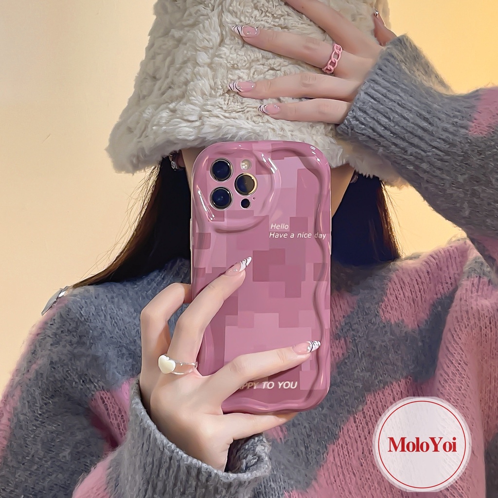 3d Wavy Curved Edge Rose Pink Kompatibel Untuk iPhone XR X XS Max 11 14 13 12 Pro Max 6 6s 7 8 Plus SE 2020 Fahion Kisi Cinta Hati Shockproof Glossy Kreatif Soft Cover