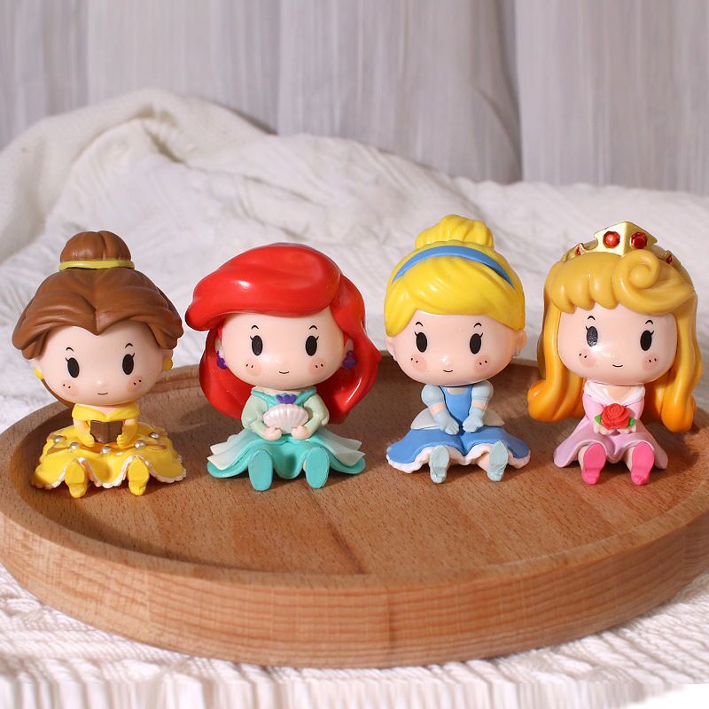 Disney Princesses Q Posket Figure Mainan Boneka Mermaid Ariel Cinderella Snow White Versi Duduk PVC Action Figure Toy 6PCS/Set