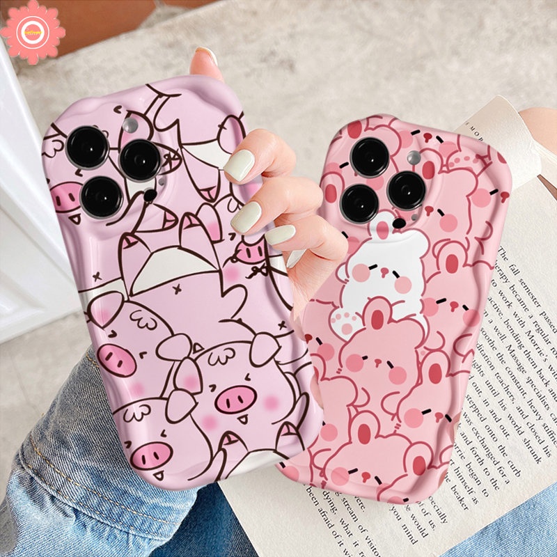 Case Untuk Realme C53 C12 C25s C11 2020 C30 C33 C31 5 5i 5S 6 C55 C35 C25 C3 C15 7i C17 C20 C11 2021 C21Y C25Y C21 3D Wavy Curved Edge Glossy Lovely Kartun Babi Kelinci Lucu Cover