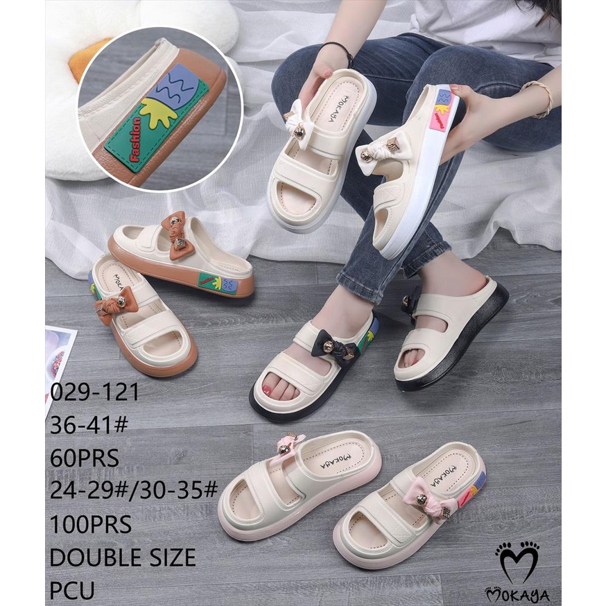 Sandal Slop Wanita dan Anak Cewek Ban 2 Pita Kupu Kerut Pentol Gold Super Empuk Cantik Kekinian Import Mokaya / Size 30-41 (029-121)