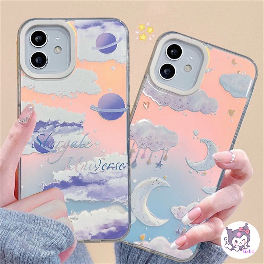 IPHONE Kompatibel Untuk Iphone11 14 13 12 Pro Max8 7Plus X Xs Xr Xs Max SE 2020 Bulan Bintang Fashion Ins Pasangan Perlindungan Lensa Gradien Laser Casing Ponsel Lembut TPU Anti Jatuh Cover XJJJJ