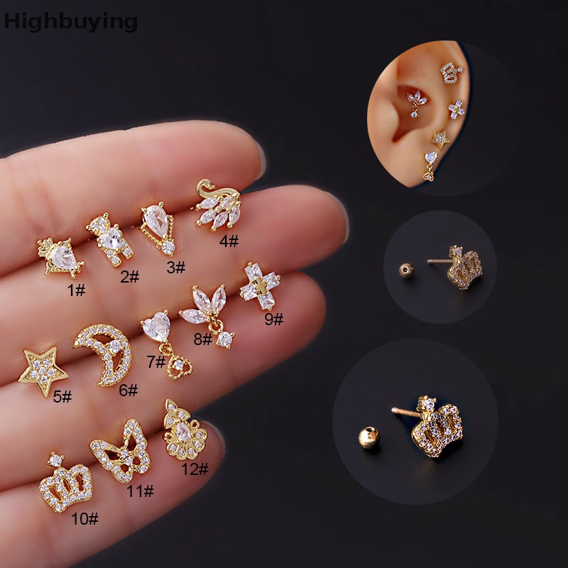 Hbid Anting Tusuk Mahkota Salib Kupu-Kupu Bulan Stainless Steel Untuk Wanita Cartilage Glory