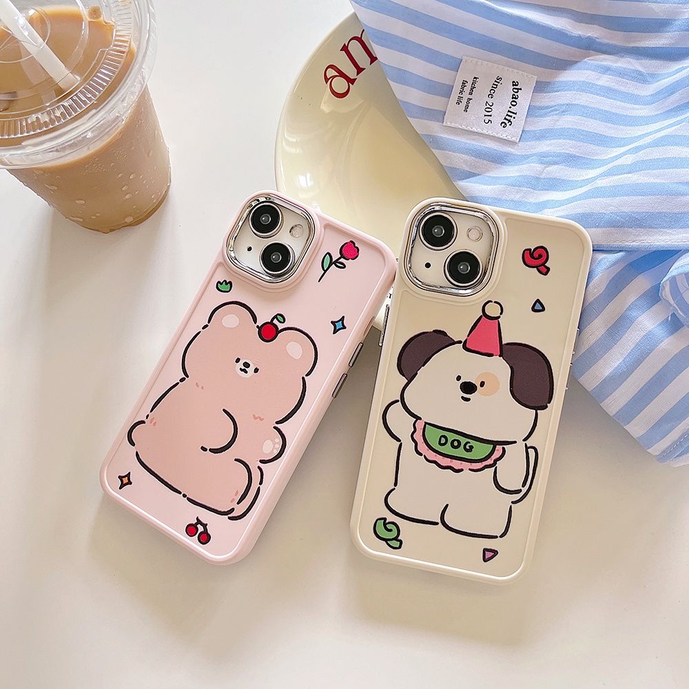 Metal Len Matte IPhone Case Kompatibel Untuk Iphone11Topi Kartun Kelinci Beruang Coklat14 Pro Max Casing Ip13 Pro Max Iphone12 Case Lembut TPU Belakang Ponsel Cover