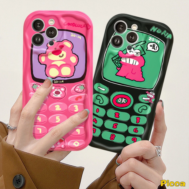 Untuk Redmi A1 A2 10 10C 10A 9A 9T 9 9C NFC Note 10s 11s 11 10 Pro Max Plus 10Pro POCO M3 Pasangan Crocodile Lucu Kartun Strawberry Bear 3D Wavy Curved Edge Creative Phone Button Case