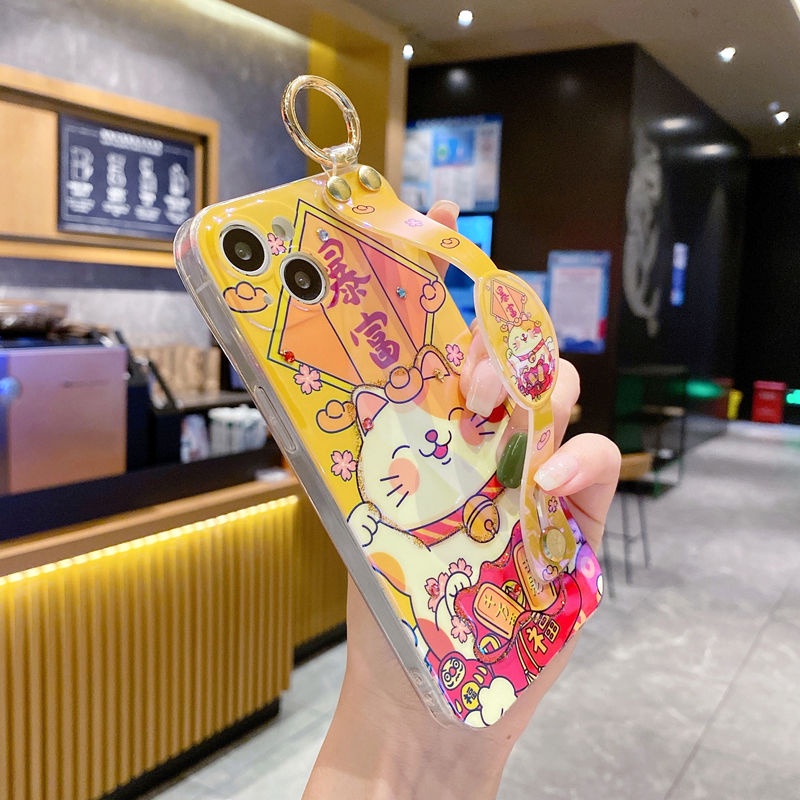 IPHONE Zhaocai Cat Dropstick Wrist Strap Crossbody Desain Phone Case Kompatibel Dengan Iphone12 13 14 11 Pro Max X Xs Max Xr Hhgtr