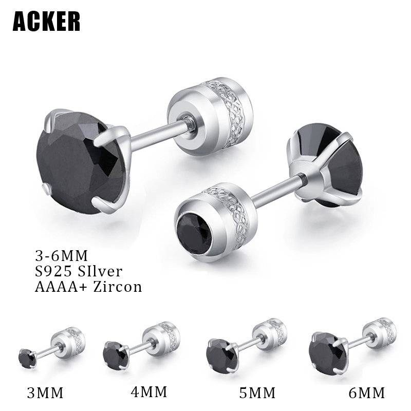 [ACKER] 3-6mm 1pasang925silver Titanium Stainless Cubic Zirconia Berlian Hitam AAA+Zircon Anting Tusuk Untuk Wanita /Pria