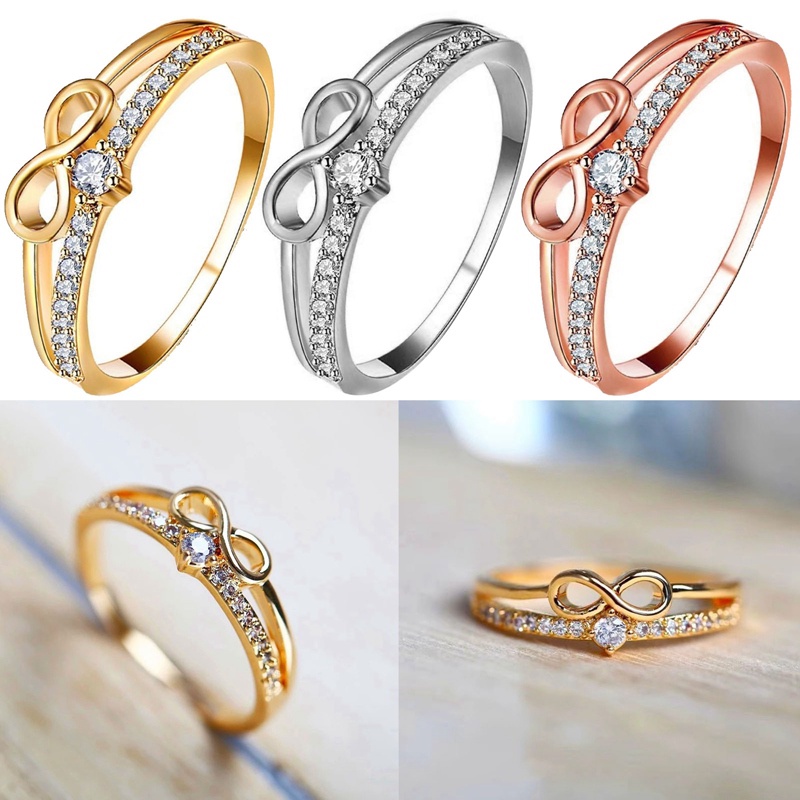 Mewah Logam Perak Disepuh Angka8 Cincin Mini Dengan Zirkon Putih Wanita Double Pop Ring