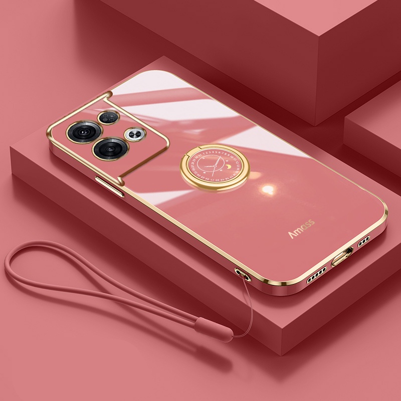 Andyh Casing Ponsel Silikon Ultra Tipis Untuk OPPO Reno 8 Pro+ Reno8 5G Deluxe Fall Protection Gold Band Dengan Cincin Jam Dan Lanyard Gratis