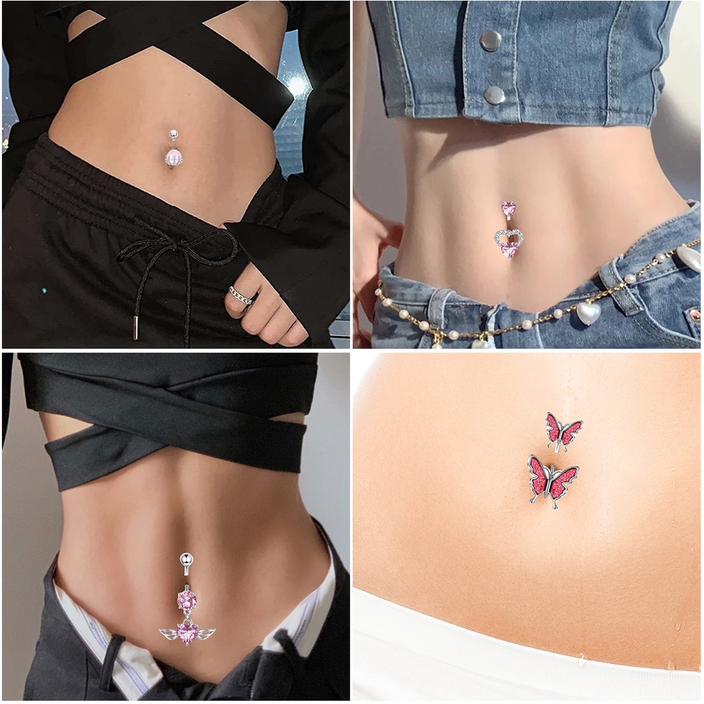 8pcs/set Tindik Pusar Kristal Pink Bahan Stainless Steel Pink Sayap Kupu-Kupu Liontin Tindik Tubuh Perhiasan Sexy Untuk Wanita
