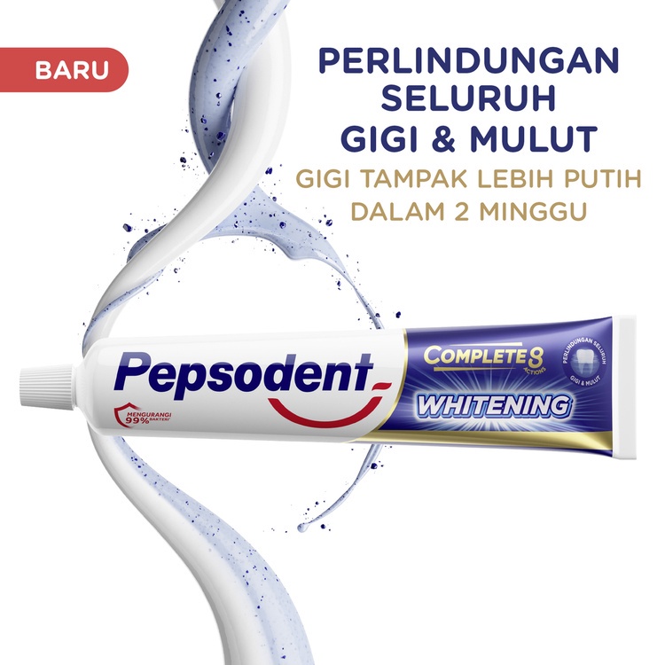 Pepsodent Complete 8 Plus Whitening Pasta Gigi Anti Bakteri Gigi Putih dalam 2 Minggu 190g ( BIRU)