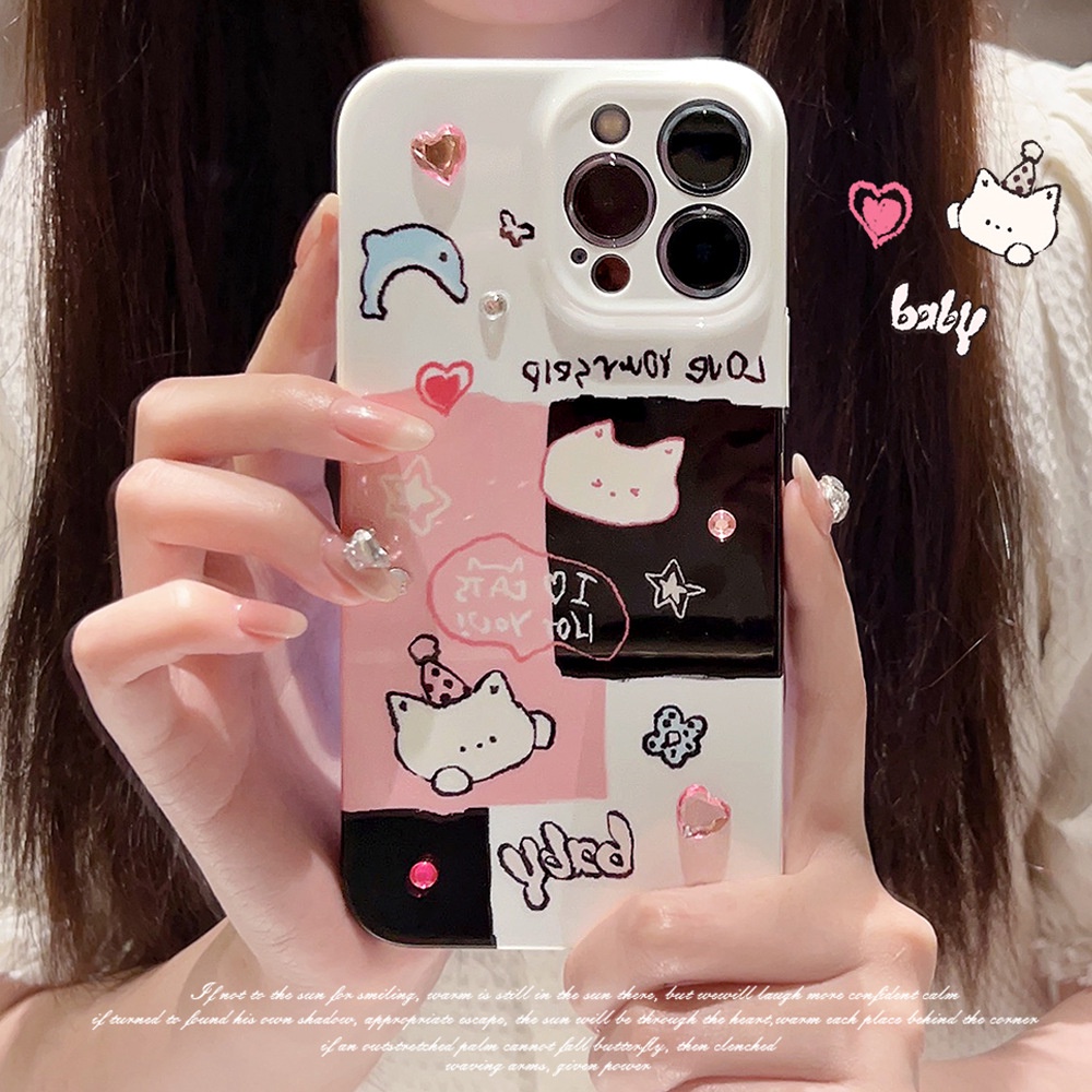 Ins Lucu Lumba Kucing Kartun Dengan Berlian Berwarna Hard Shell Film Fotografi Case Untuk Iphone SE2020 7/8 Plus 14xx XR XM 11 12 13 PRO MAX Casing Cover Pelindung AT0352