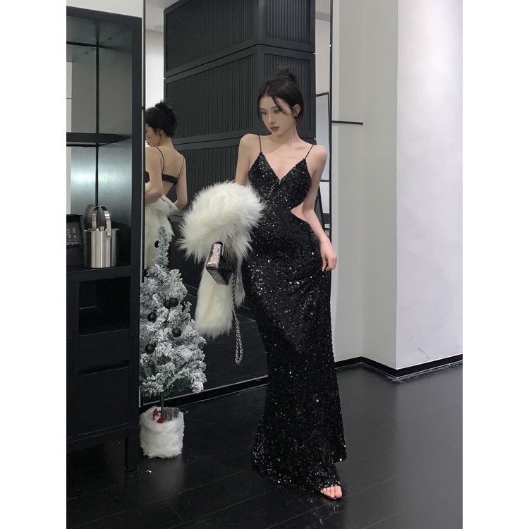 Korean version cut-out sexy sequin suspender dress for women's dress