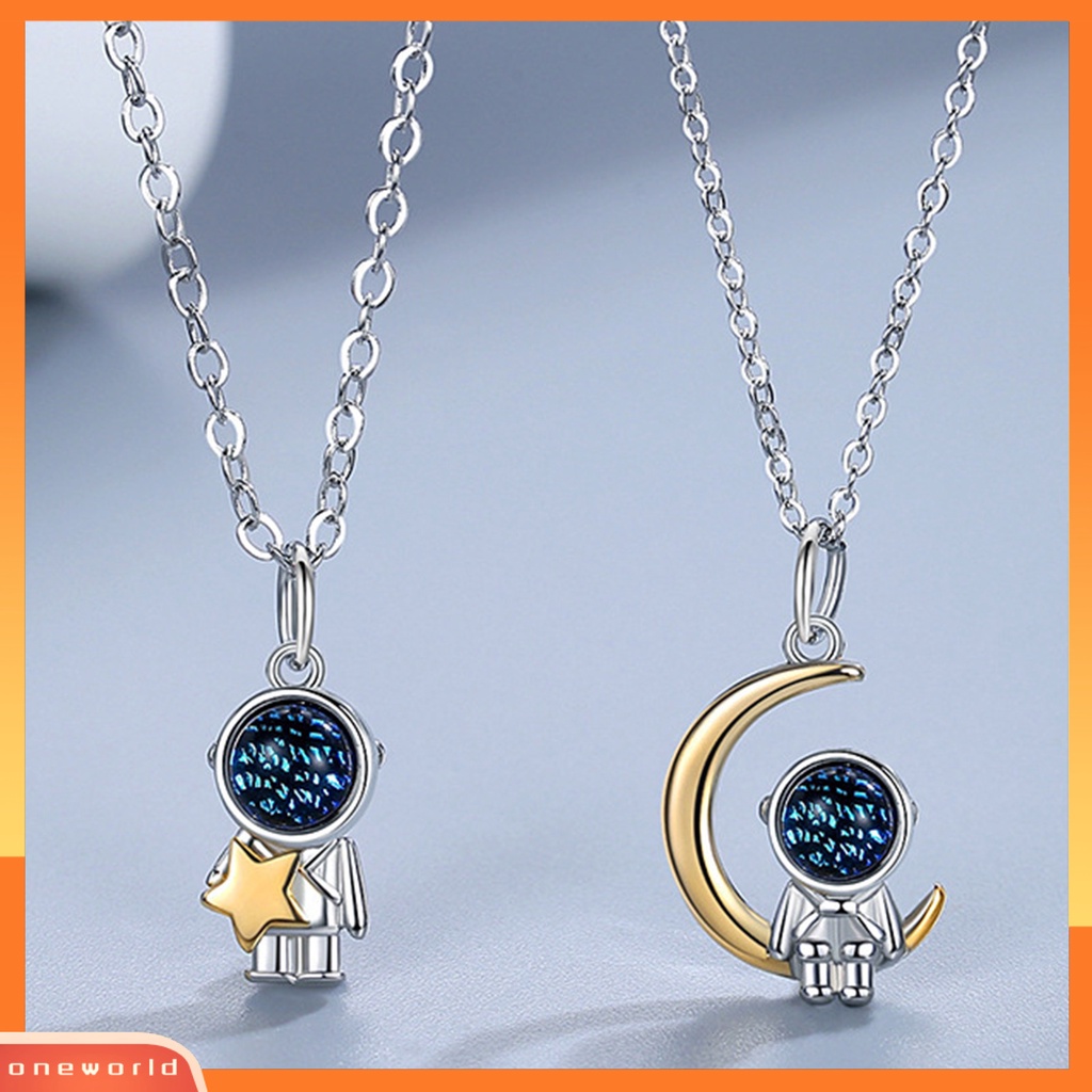 [ONE] Kalung Pasangan Desain Baik Batu Glasir Berwarna Fashion Perhiasan Romantis Astronot Bulan Bintang Klavikula Kalung Untuk Pacaran