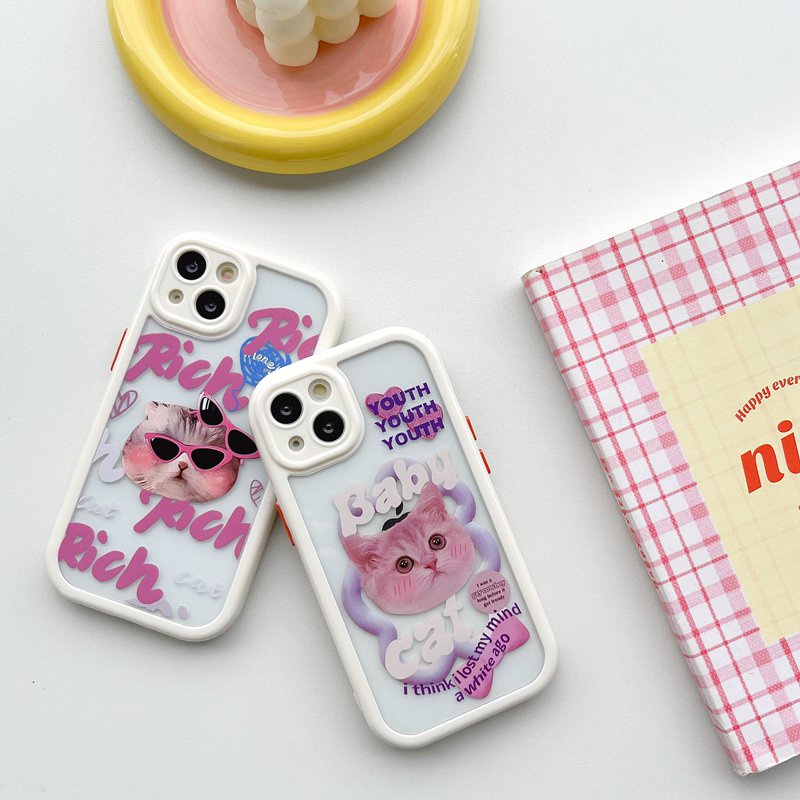 All New Cream Non-slip Camera Protect Soft Case IPhone X XR XS Max 11 12 13 14 Pro Max Women Girl Pretty Cute Glasses Cat Cartoon Phone Case