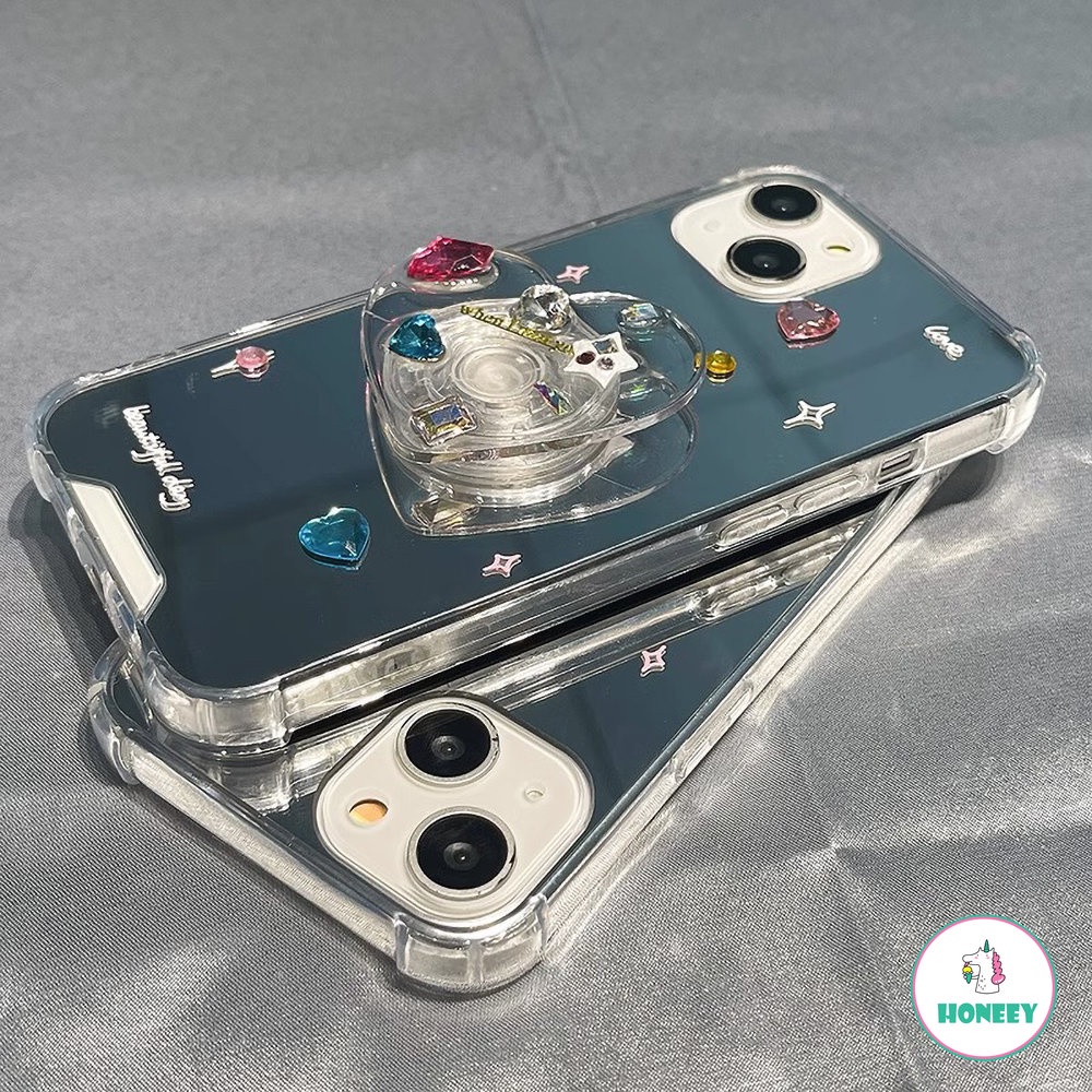 IPHONE Ins Korea Lucu 3D Epoxy Love Heart Bracket Mirror Phone Case Untuk Iphone14 13 12 11 Pro Max XR XS 7 8 Plus Indah Shockproof Soft Cover