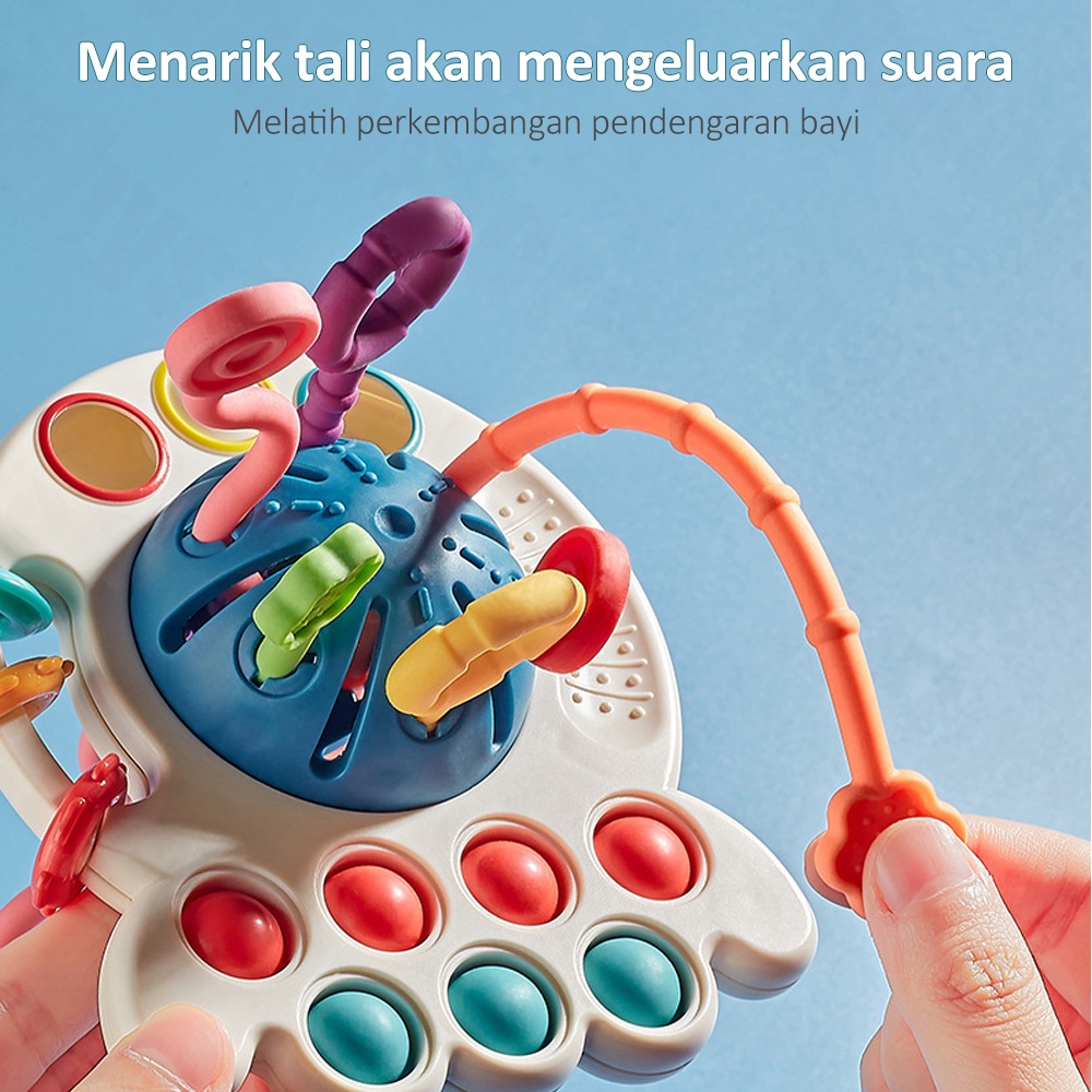 Halo Baby Teether Gigitan Bayi Bentuk Gurita/Multifungsi Pop It Teether Bayi/Tarik Panjang Mainan Gigitan/Mainan Edukasi Bayi