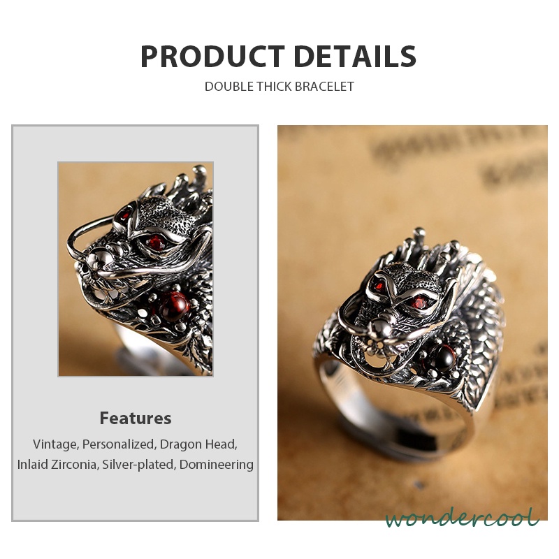 Berlapis Perak Perhiasan Pribadi Kepala Naga Bertatahkan Cincin Zirkonia Vintage Cincin Naga-Won