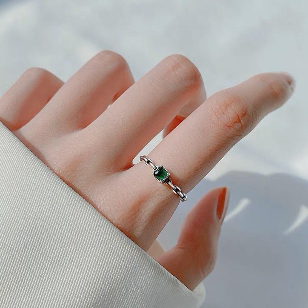 Mxbeauty Cincin Jari Persegi Elegan Pesona Vintage Pembukaan Rantai Geometris Alloy Retro Adjustable Round Zircon Ring