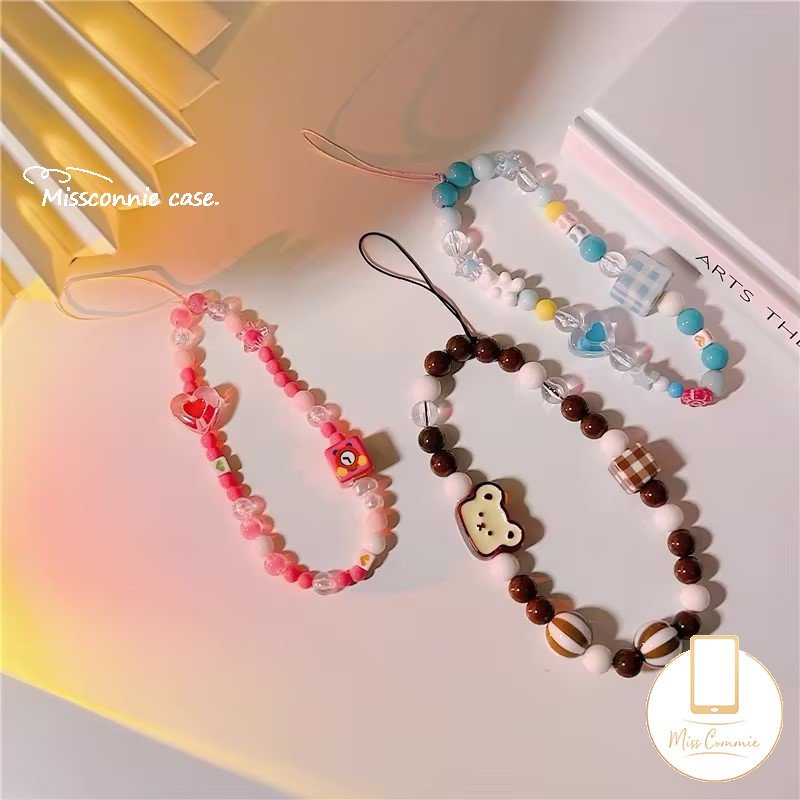 Ins Warna Fashion Rantai Telepon Universal Kartun Kelinci Lucu Beruang Smile Rantai Telepon Tali Strap Kpop Aksesoris Beragam Rantai Manik-Manik Gelang Huruf Kotak-Kotak Gantungan Kunci Lanyard