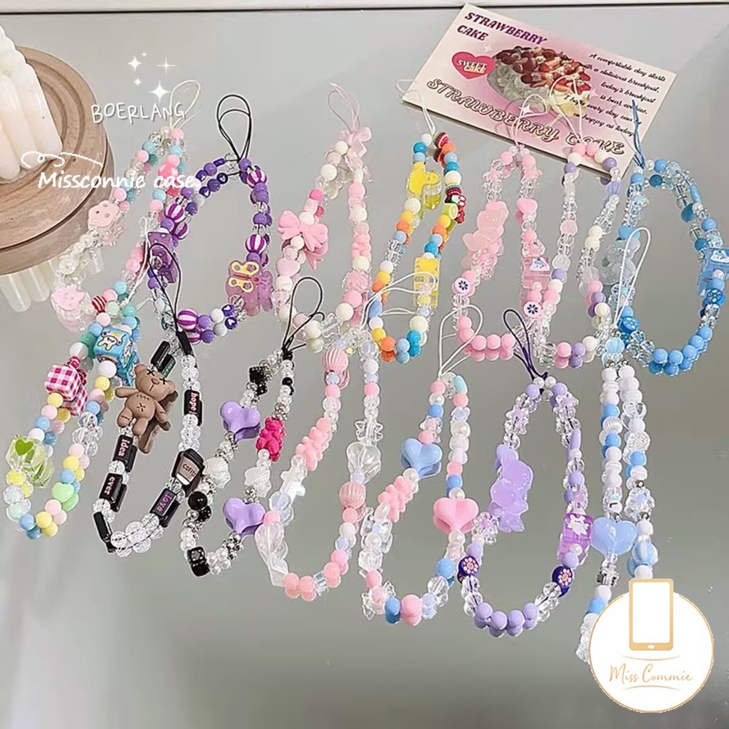 Ins Warna Fashion Rantai Telepon Universal Kartun Kelinci Lucu Beruang Smile Rantai Telepon Tali Strap Kpop Aksesoris Beragam Rantai Manik-Manik Gelang Huruf Kotak-Kotak Gantungan Kunci Lanyard