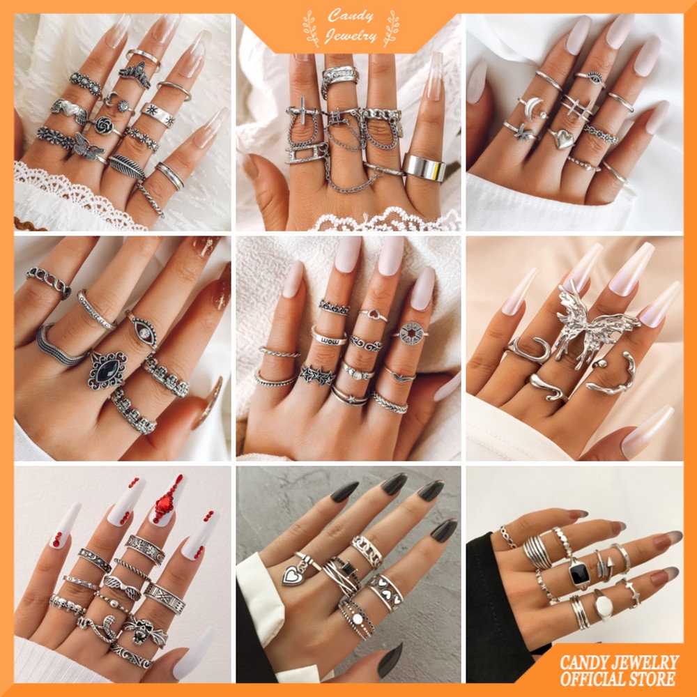 Fashion Cross Cincin Perempuan Drop Minyak Punk Jari Telunjuk Set Kompas Menghitam Pentagram Permen Perhiasan