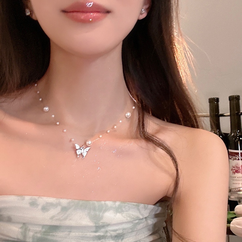 Roselife Halus Besar Kecil Mutiara Manik-Manik Tahan Air Transparan Rantai Choker S925 Perak Kupu-Kupu Liontin Kalung Untuk Wanita Gadis Elegan Pesona Pendek Kalung Perhiasan Hadiah