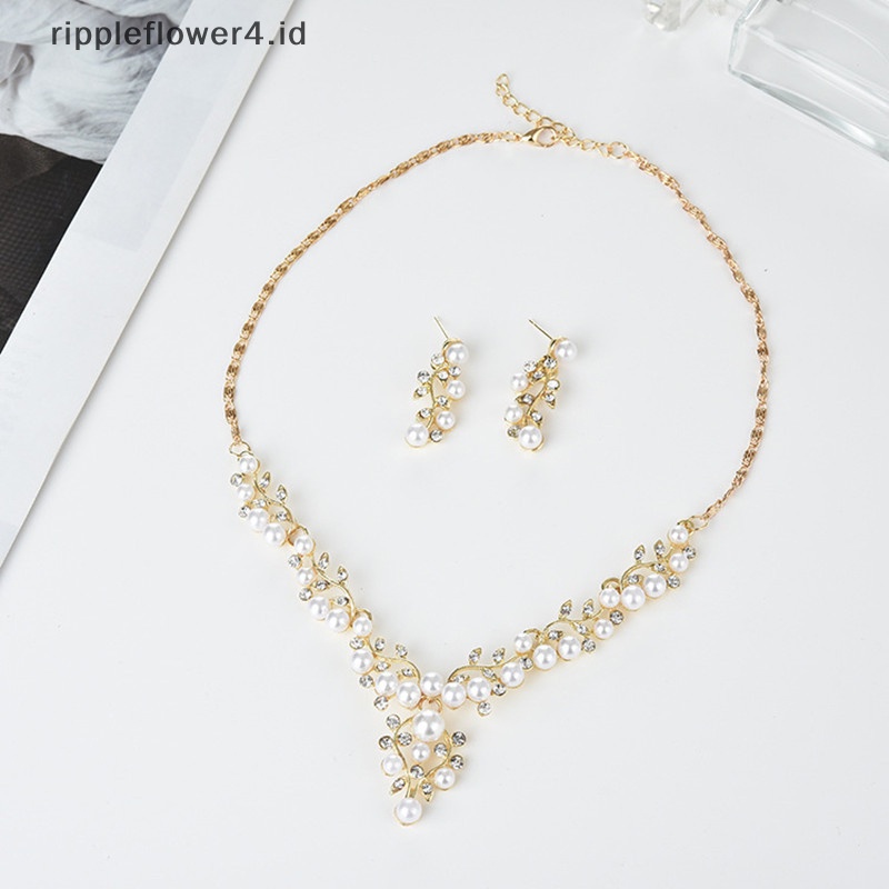 {rippleflower4.id} Set Perhiasan Kalung Anting Mutiara Imitasi Pengantin Elegan~