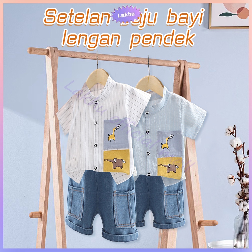 Lakhu Set Baju Kaos Anak Unisex Usia 1- 4 Tahun Setelan Pendek Anak Karakter