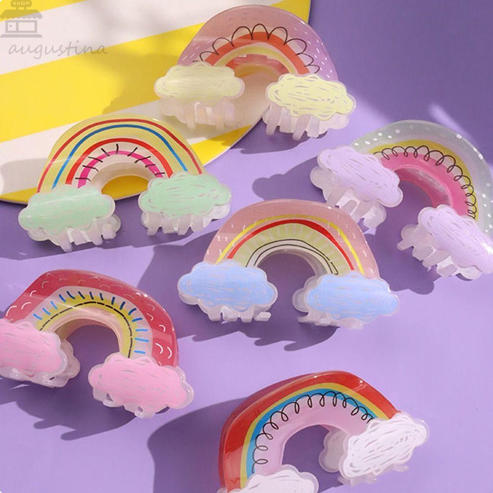 Agustinina Rainbow Hair Claw Lucu Elegan Ponytail Holder Bentuk Setengah Bulan Hiu Klip Permen Warna Geometris Akrilik Printing Jepit Rambut