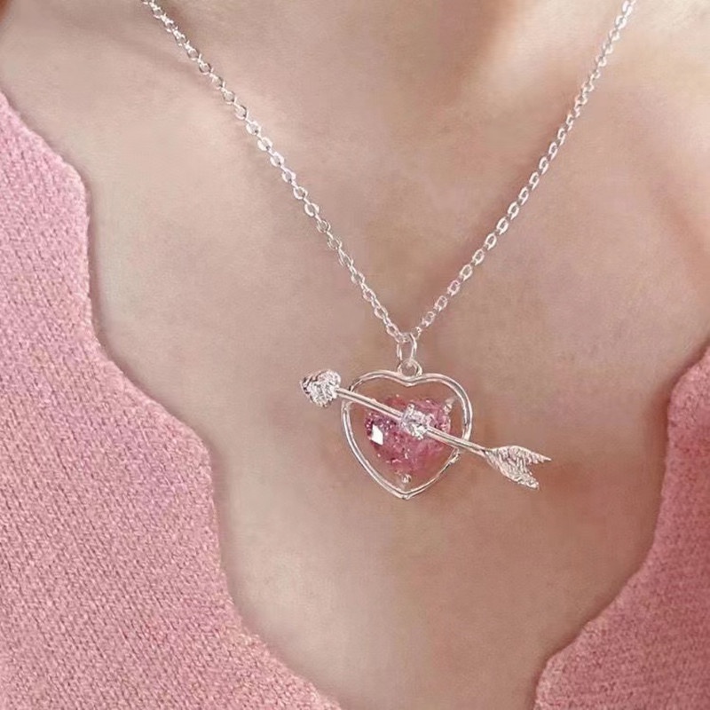 Kalung Liontin Y2K Hati Pink Keren Untuk Wanita/ Pecinta Rhinestione Rantai Klavikula Chocker/ Aksesoris Jewlery Kristal Alloy Perempuan