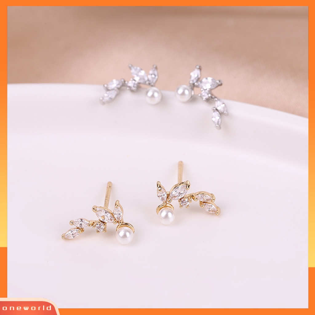 [WOD] 1pasang Anting Wanita Bentuk Daun Hias Indah Tahan Lama Portabel Mengkilap Cubic Zirconia Mutiara Imitasi Great Lengket Ear Stud Gift