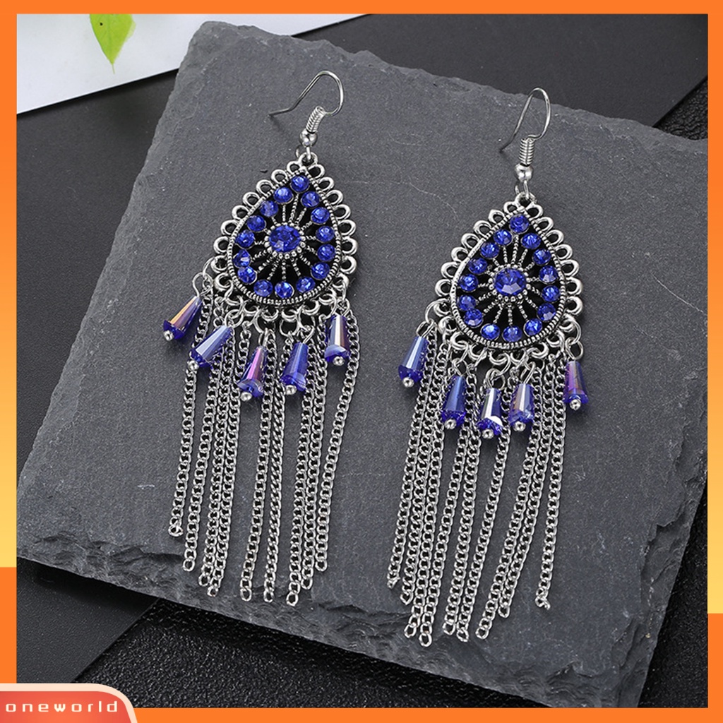 [WOD] 1pasang Anting Wanita Bentuk Tetesan Air Rumbai Berlian Imitasi Vintage Drop Earrings Untuk Pakaian Sehari-Hari