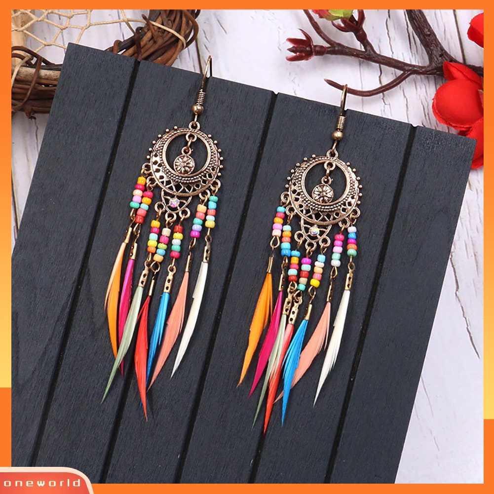 [WOD] Boho Wanita Berongga Ukir Lingkaran Bulu Rumbai Menjuntai Kait Anting Perhiasan