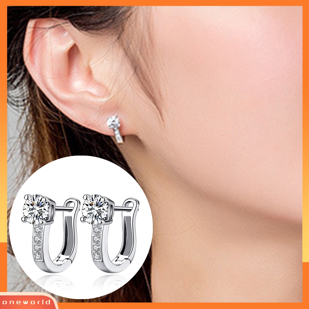 [WOD] Wanita Fashion U Bentuk Perak Berlapis Berlian Imitasi Hias Huggie Earrings Perhiasan