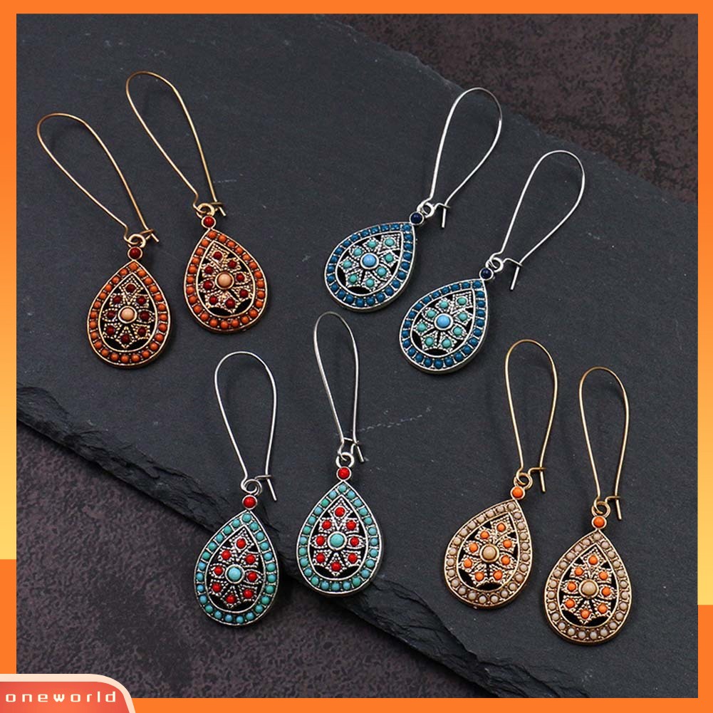 [WOD] Bohemian Wanita Manik-Manik Faux Turquoise Hias Hollow Teardrop Menjuntai Kait Anting