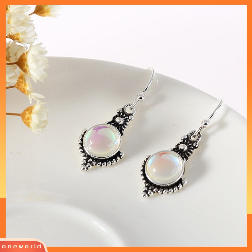 [WOD] Vintage Wanita Warna Pelangi Faux Moonstone Gemstone Menjuntai Kait Anting Perhiasan