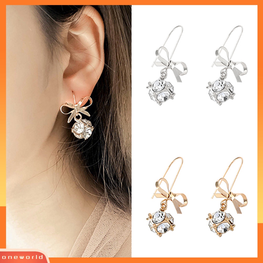 [WOD] Fashion Wanita Busur Berlian Imitasi Mengkilap Bola Menjuntai Kait Anting Pesta Perhiasan Hadiah