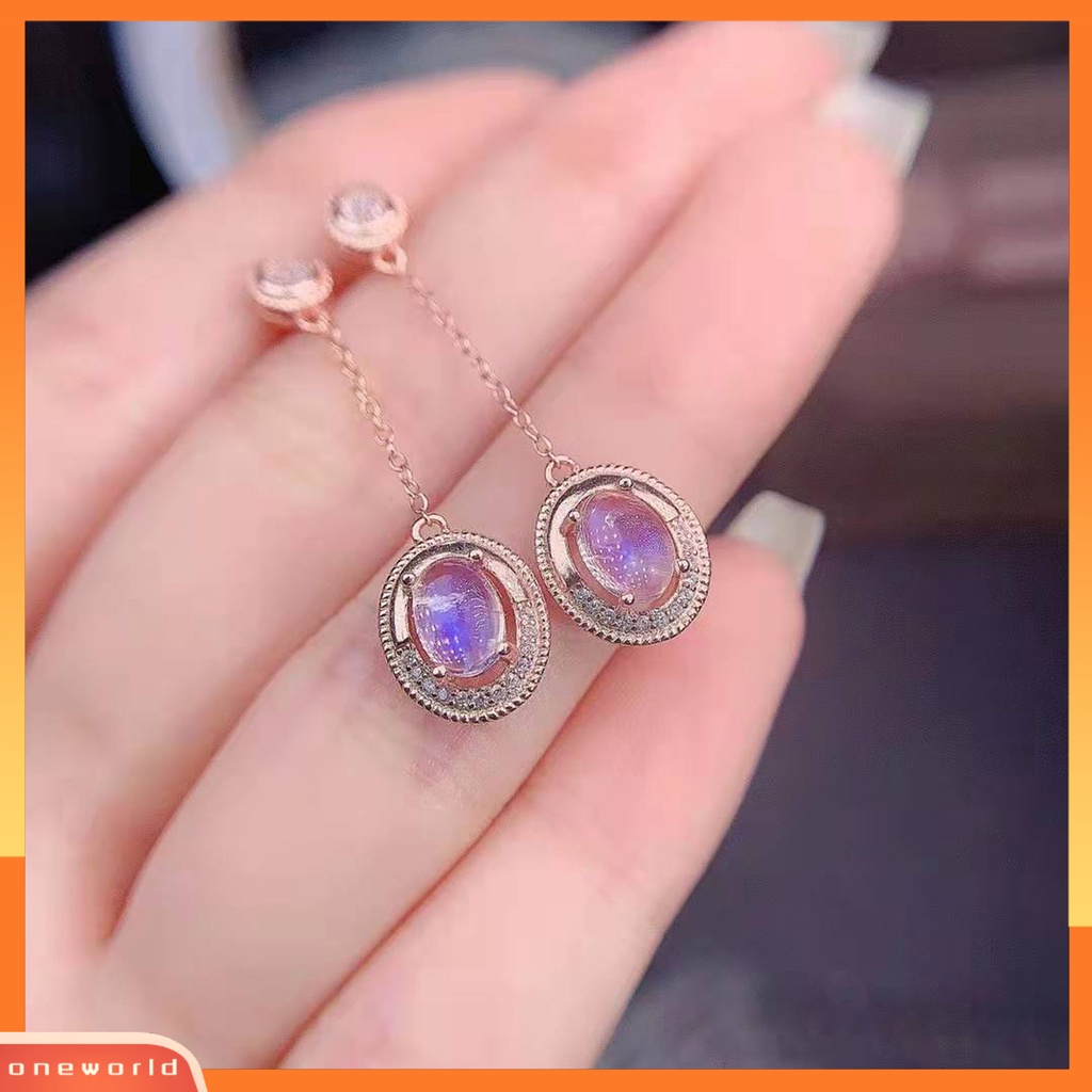 [WOD] 1pasang Anting Drop Earrings Anti Alergi All-match Hias Glittery Fashion Simulasi Moonstone Anting Panjang Untuk Pacaran