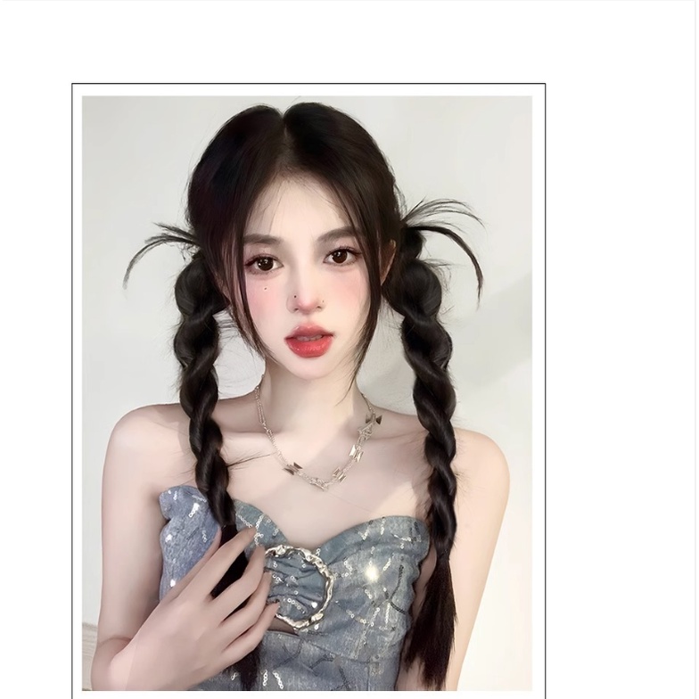 2pcs Y2K Gadis Keren Kepang Double Ponytail Wig Untuk Wanita Ekstensi Rambut 60CM